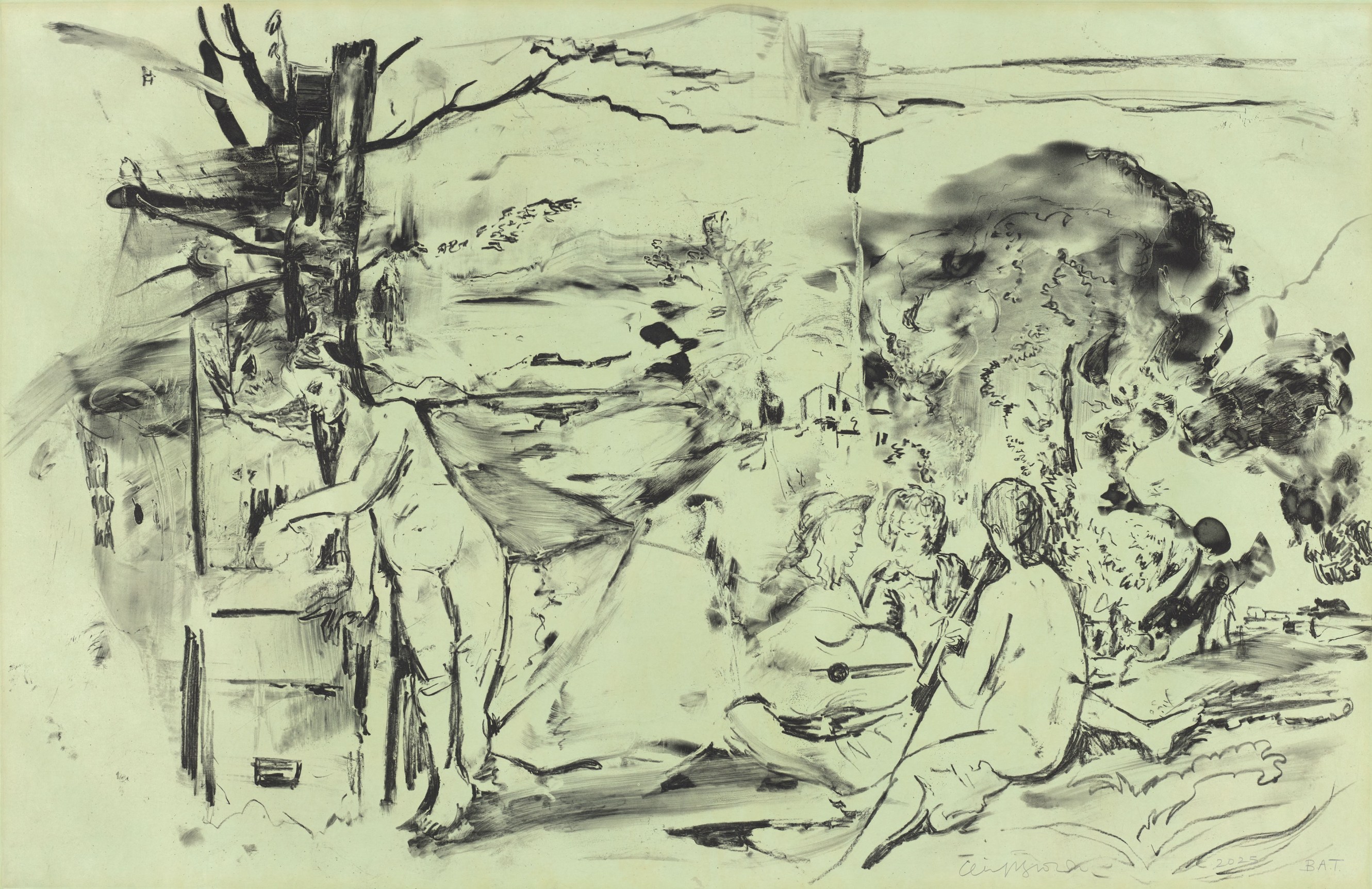 Cecily Brown The green of the larches, 2025&nbsp;    Etching on hand dyed paper 27 x 40 inches