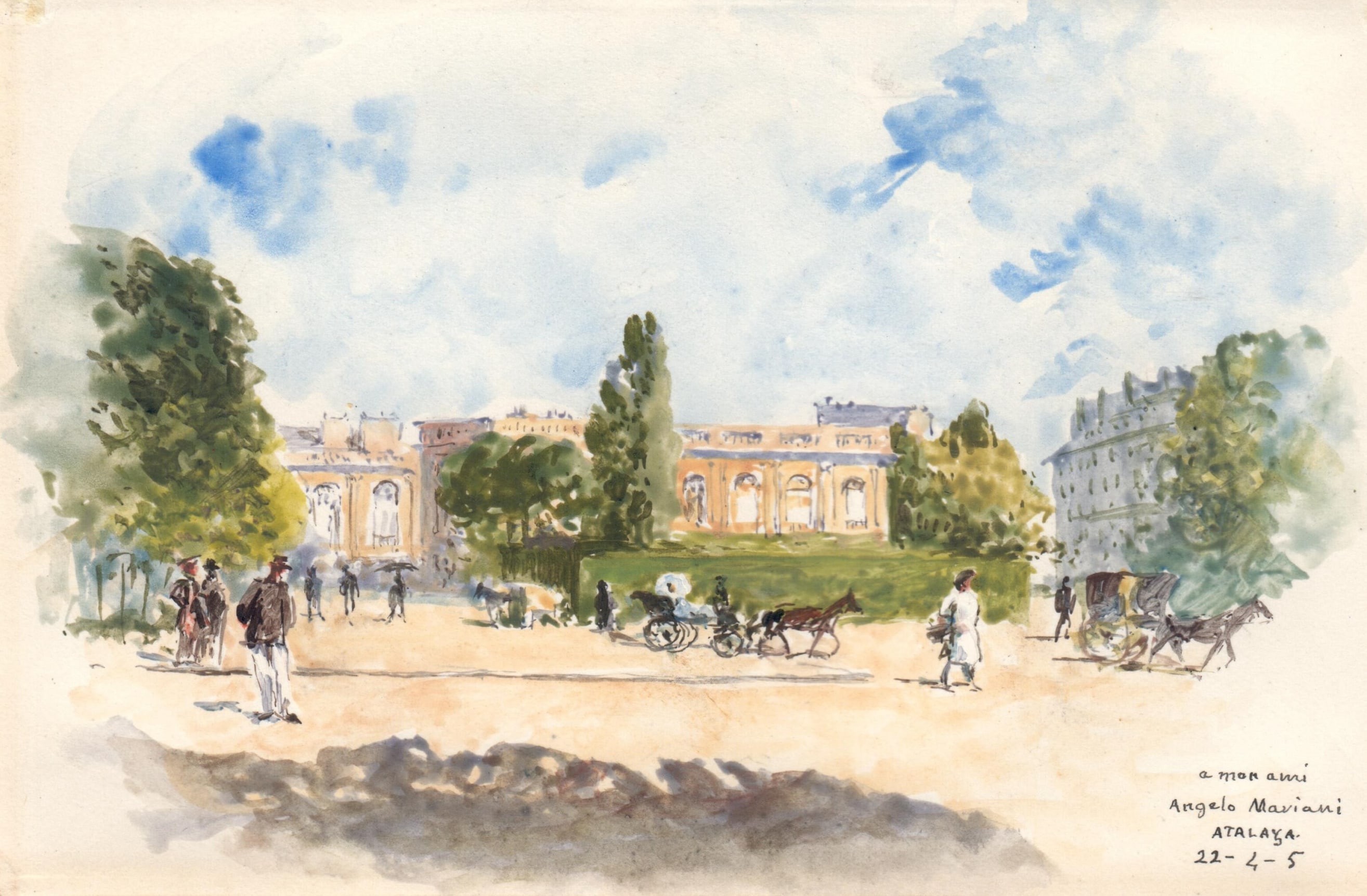 Enrique Atalaya  The Galliera Palace, April 22, 1905  Watercolor on paper 3 1/2 x 5 3/8 inches