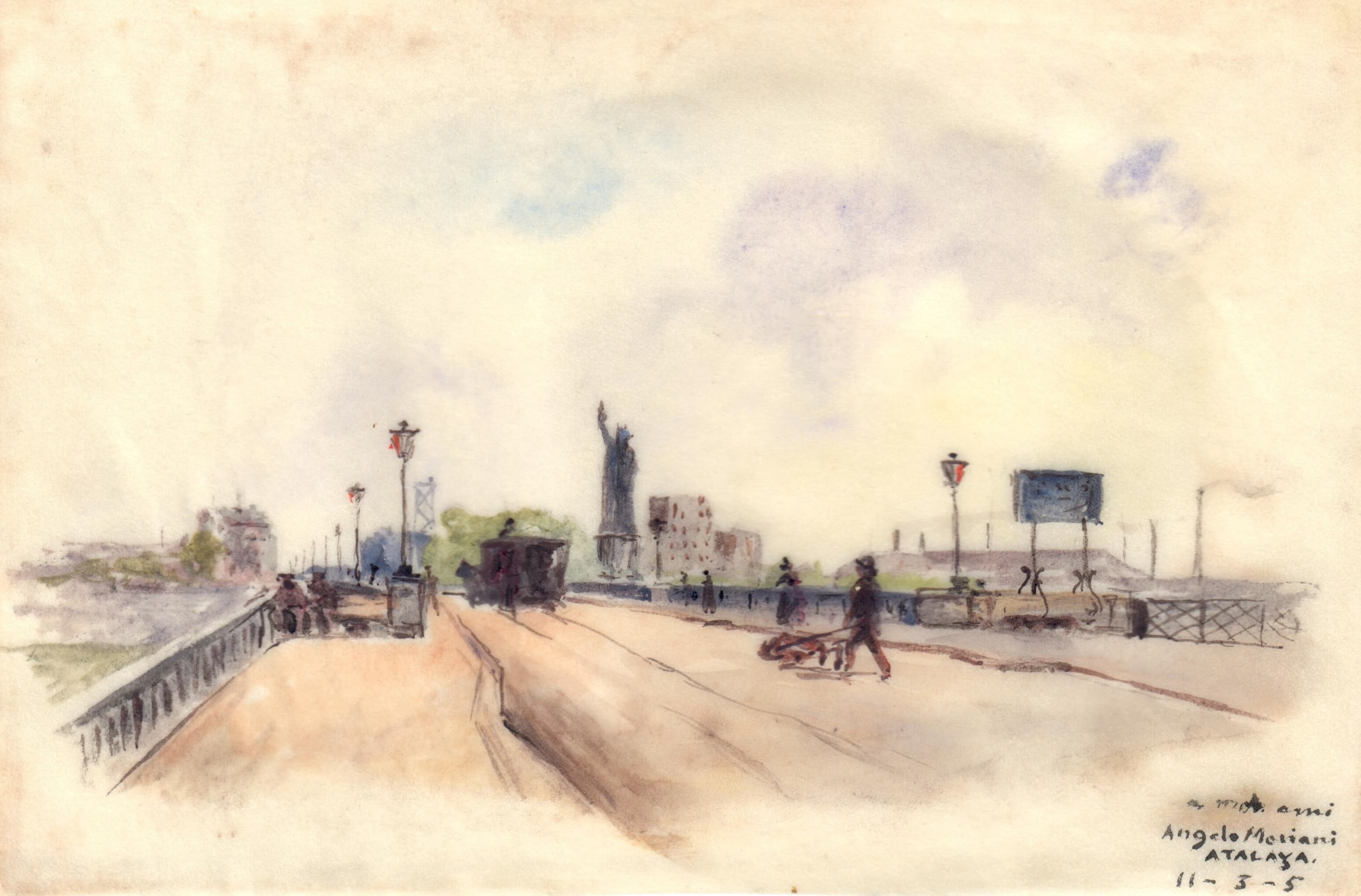 Enrique Atalaya The Ancient Bridge of Grenelle and the Statue of Liberty, March 11, 1905  Watercolor on paper 3 7/16 x 5 1/4 inches