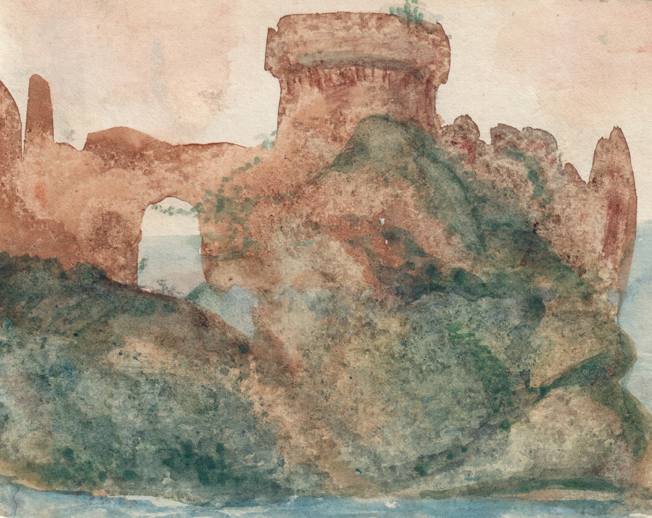 Landscape with a View of the Sea and a Fort    Watercolor on paper 3 5/16 x 4 1/8 inches