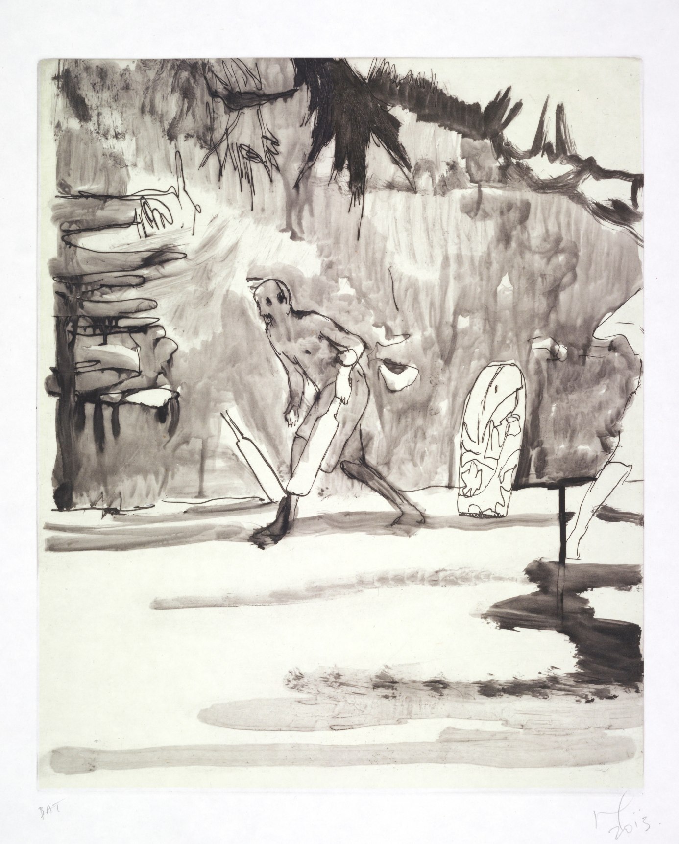 Peter Doig  Beach (Cricket), 2013    Etching with aquatint and silkscreen  22 x 18 1/2 inches  Image courtesy of the artist and Two Palms, NY