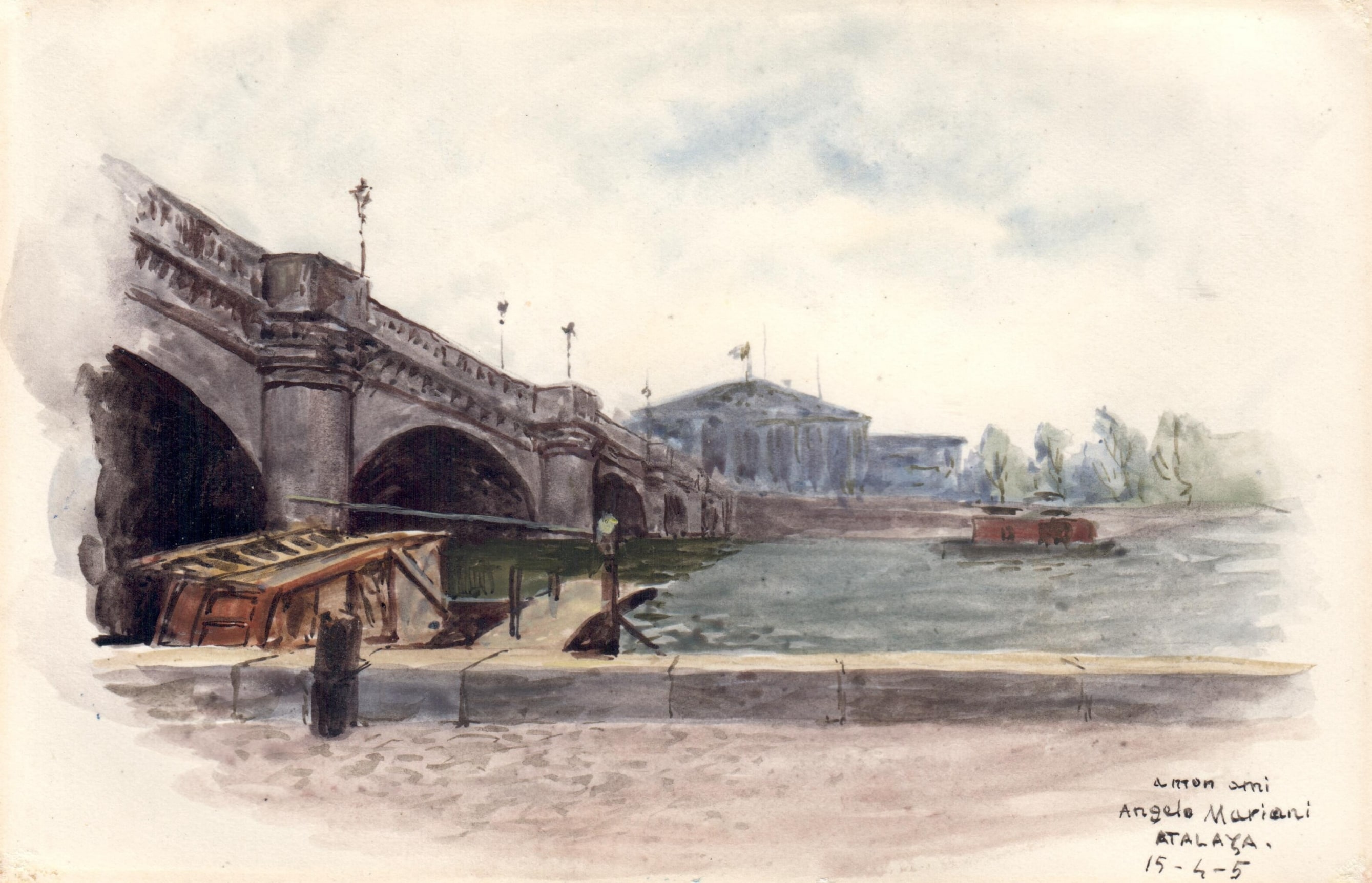Enrique Atalaya&nbsp; Le pont de la Concorde and the Palais Bourbon (Seat of the National Assembly), April 15, 1905&nbsp;  ​​​​​​​Watercolor on paper 3 1/2 x 5 3/8 inches