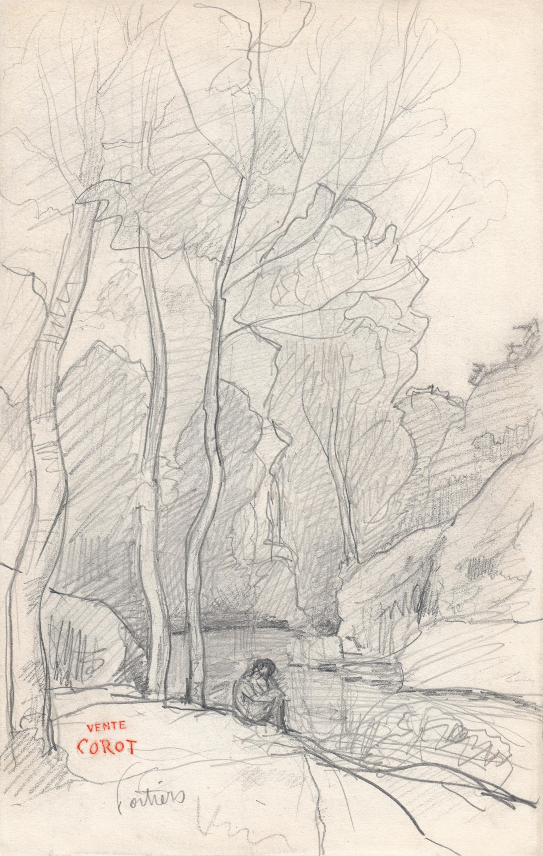 Jean-Baptiste-Camille Corot, Figure Sitting by a River Near Poitiers (recto), Landscape Study (verso),    Graphite on paper, with stump on the back 10 3/8 x 6 3/8 in.
