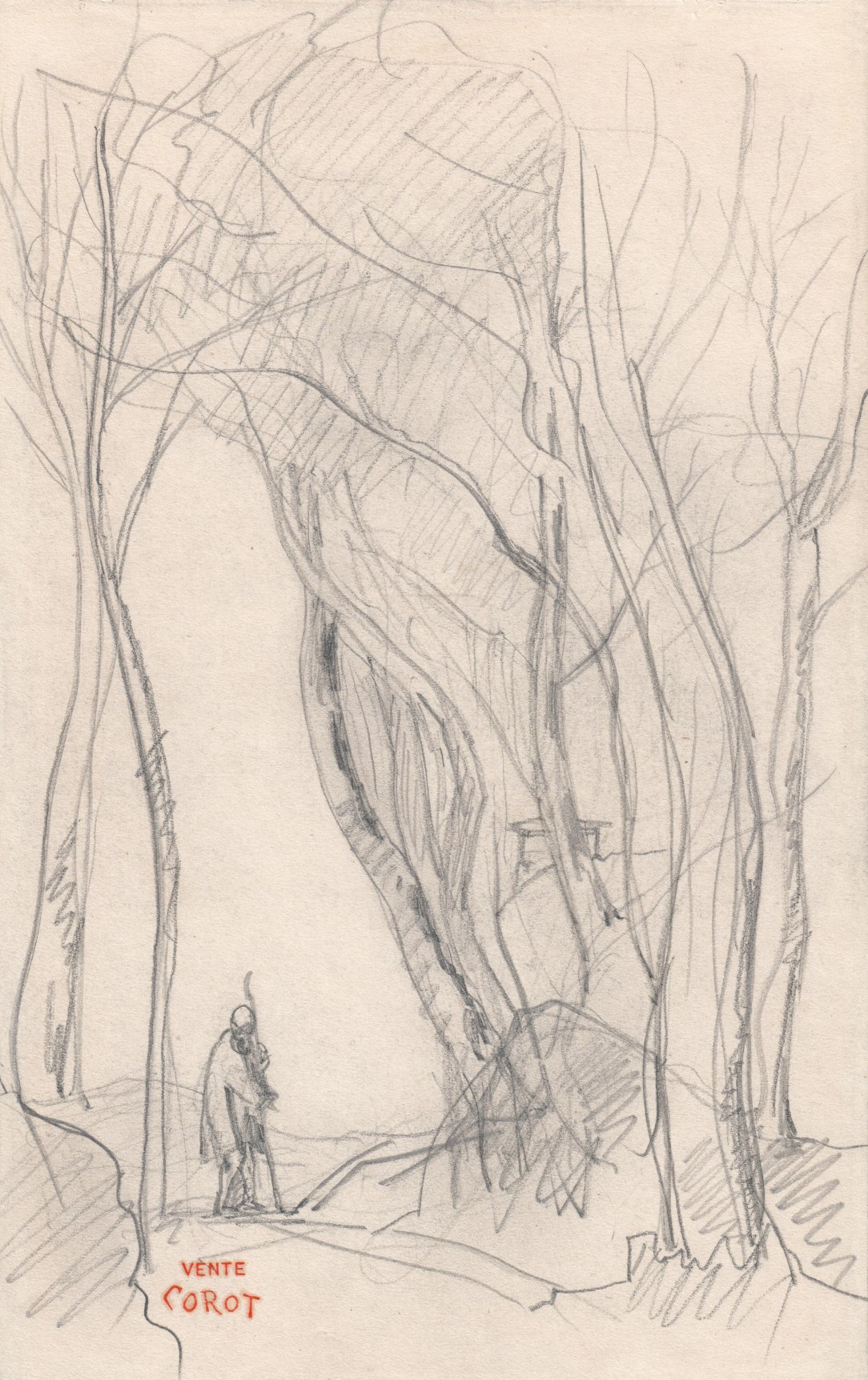 Jean-Baptiste-Camille Corot, Man on Path Near Poitiers   Graphite on paper 10 5/9 x 6 1/2 inches