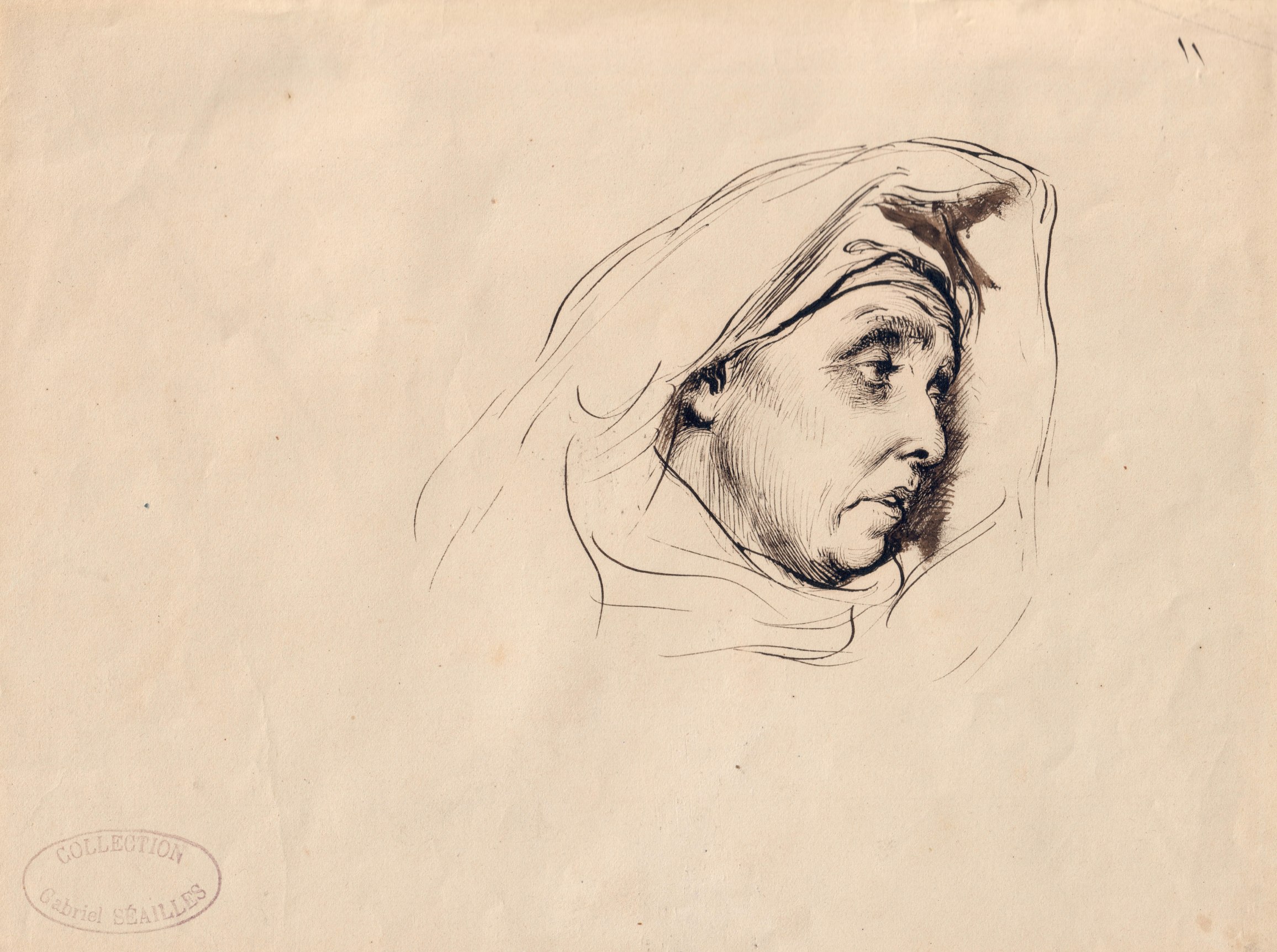 Edme-Alexis-Alfred Dehodencq Head of a Cloaked Woman, c. 1867    Black and brown ink on paper 6 3/8 &times; 8 5/8 inches