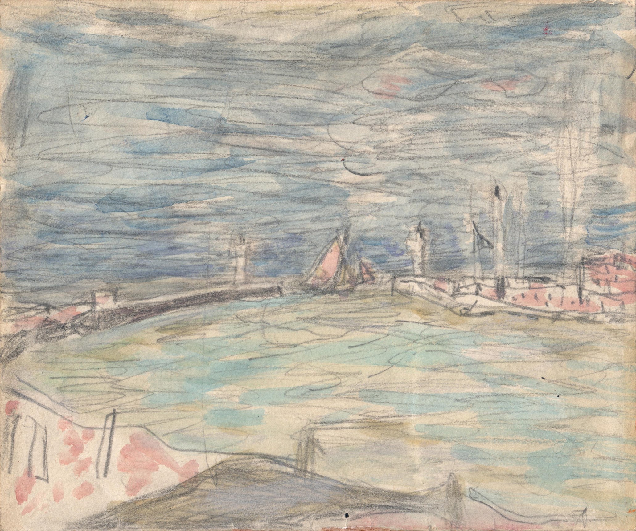Pierre Bonnard Sailboats at the Entrance to the Port, c. 1925    Watercolor over pencil on paper 4 1&frasl;4 x 5 inches