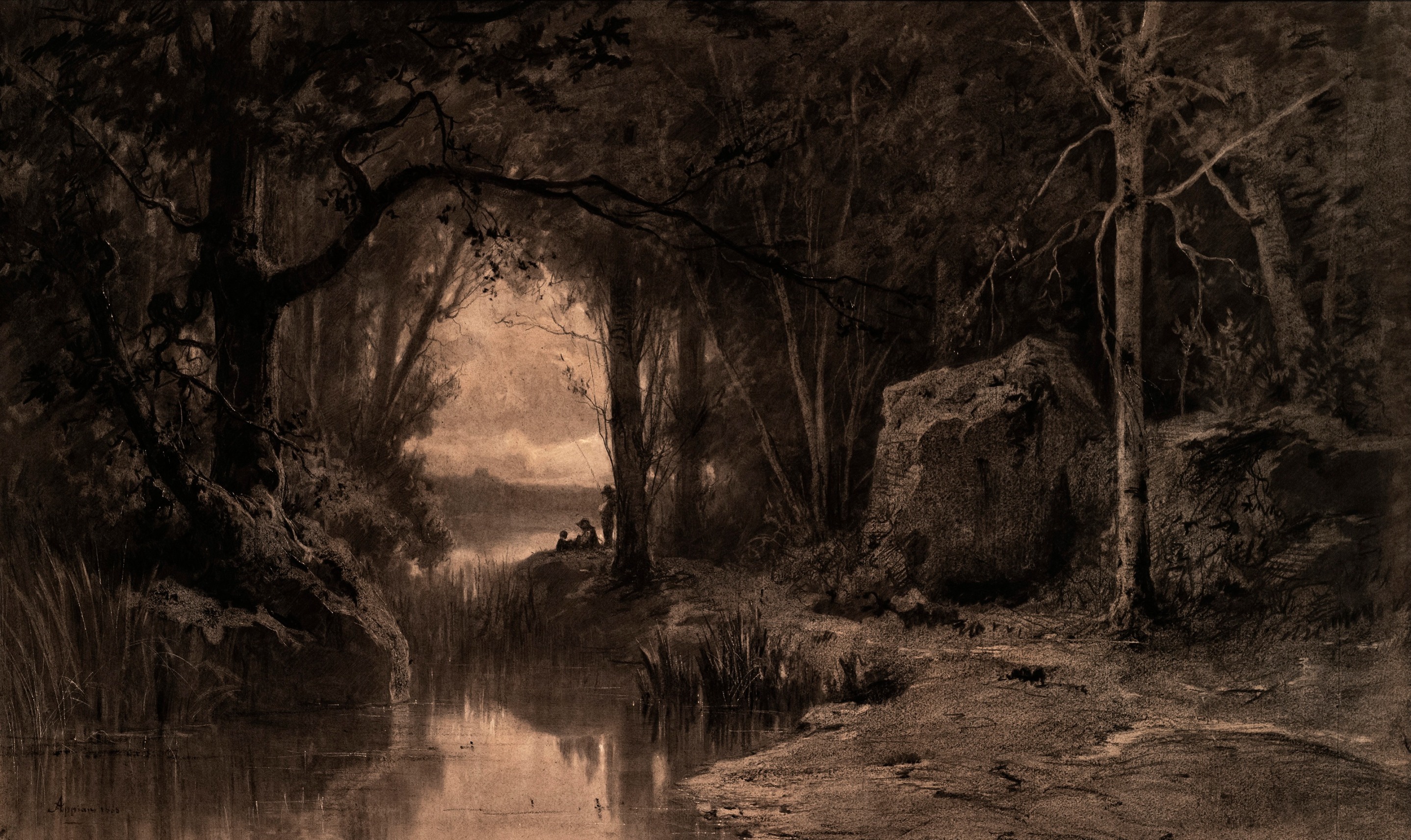 Adolphe Appian (1818-1898) Three Fishermen along the banks of a River at the Edge of a Forest, 1868   Charcoal with stumping and scratching out and touches of white chalk on beige paper 23 3/8 x 39 1/8 inches