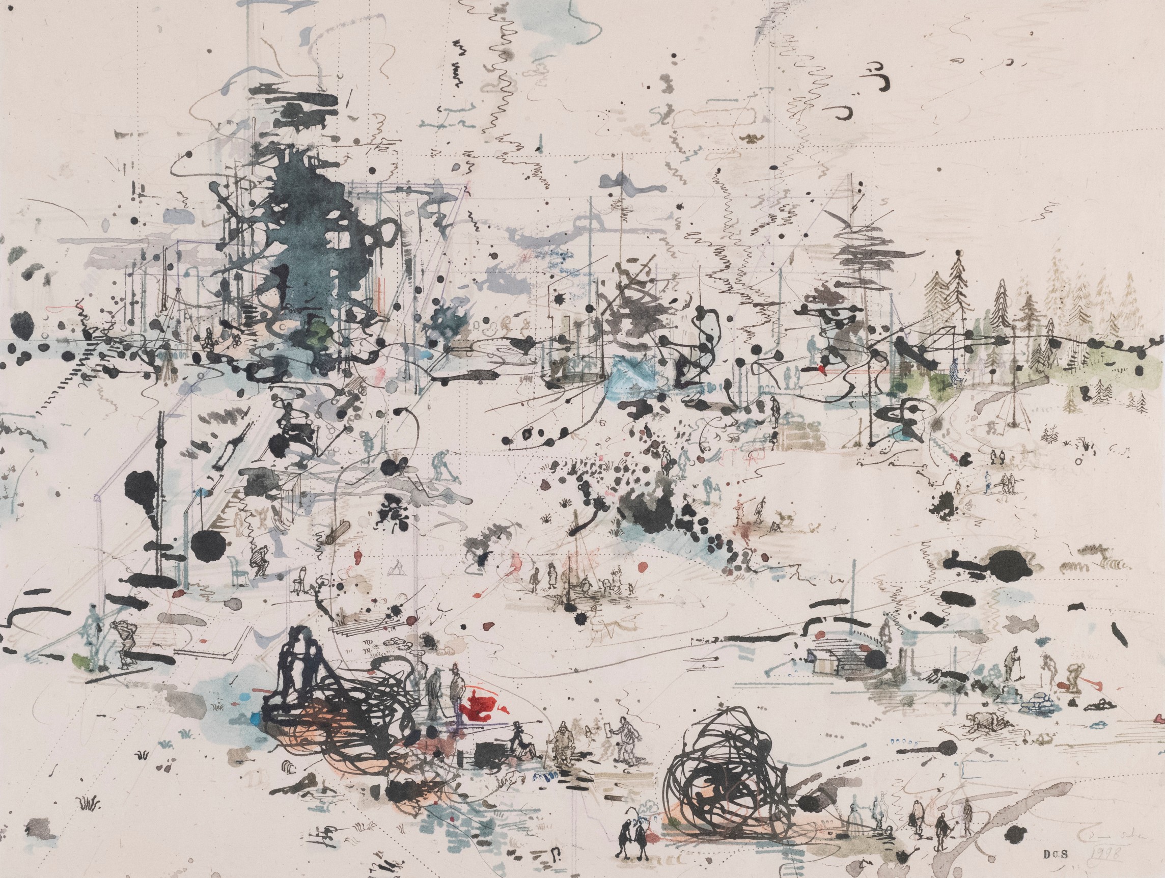 David Scher  My Country Is Where I Stand It Up, 1998    Ink and watercolor on handmade linen paper  18 x 23 5/8 inches Courtesy of the artist