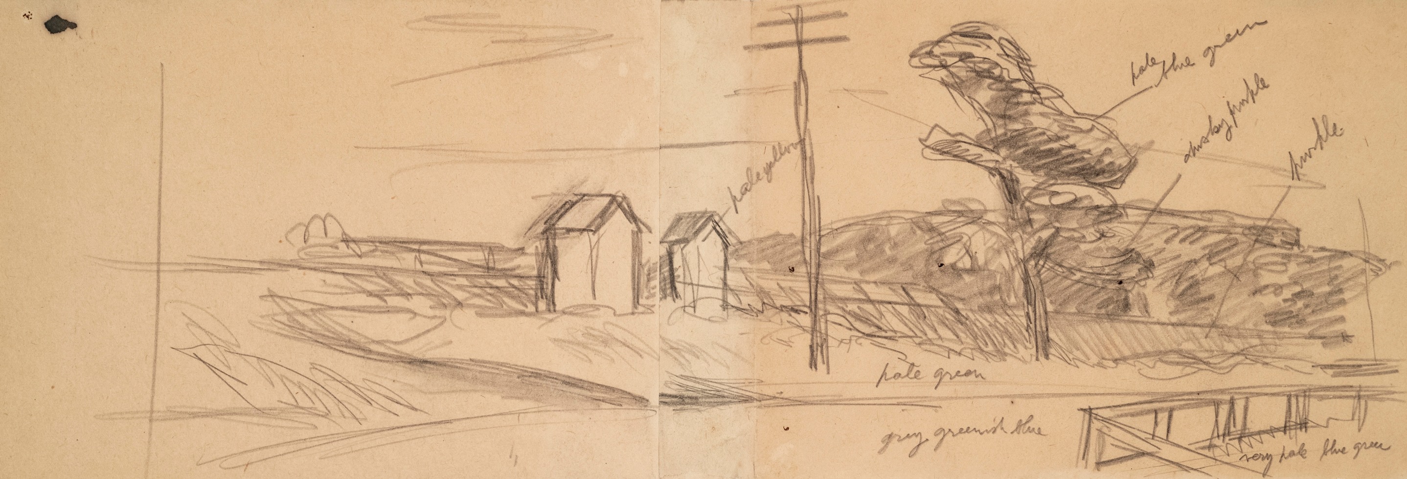 Edward Hopper Landscape with Small Buildings, c. 1944  Pencil on paper 5 3/4 x 16 inches