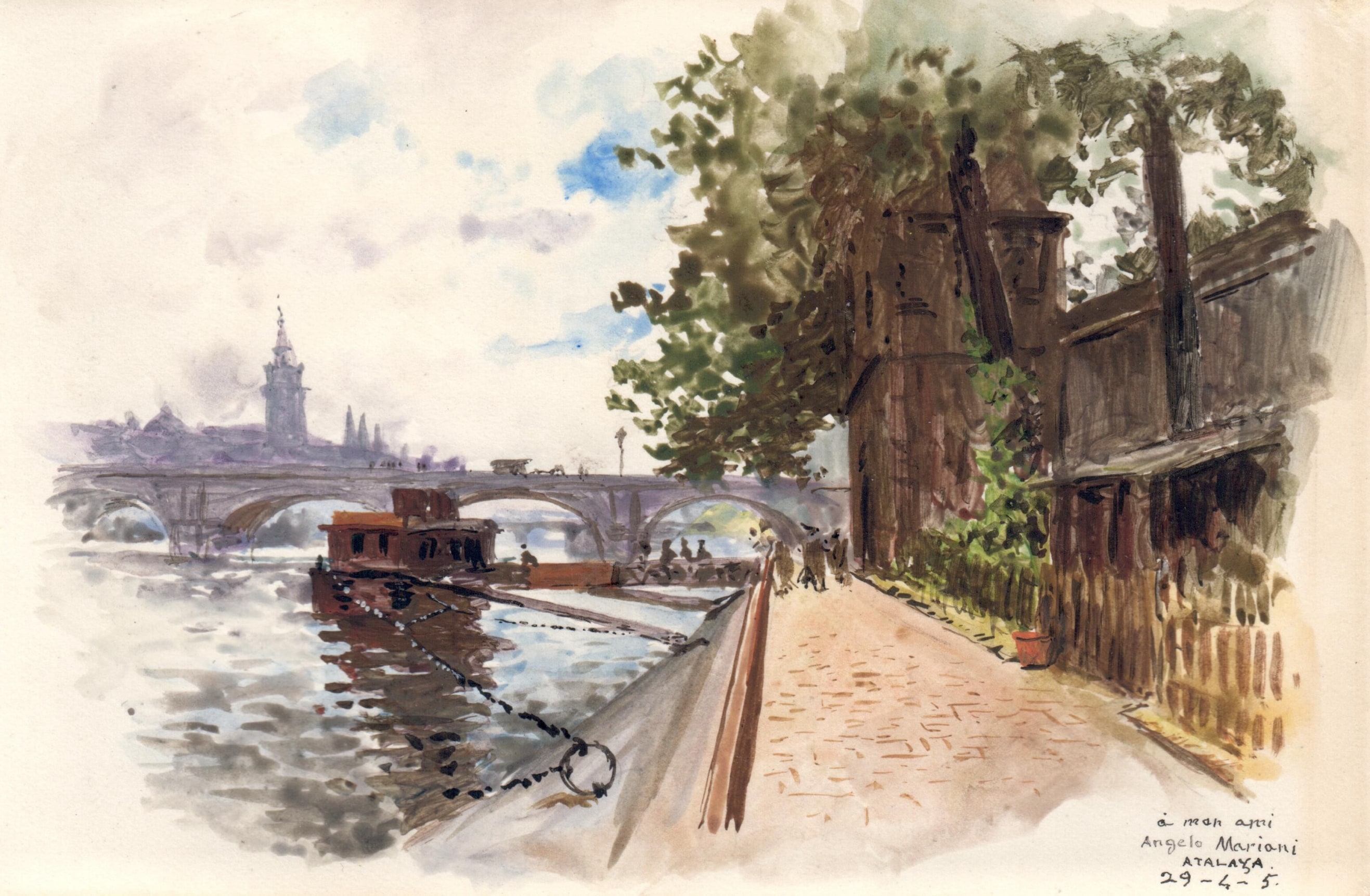 Enrique Atalaya  Banks of the Seine with the Tower of the Conciergerie, April 29, 1905  Watercolor on paper 3 1/2 x 5 3/8 inches