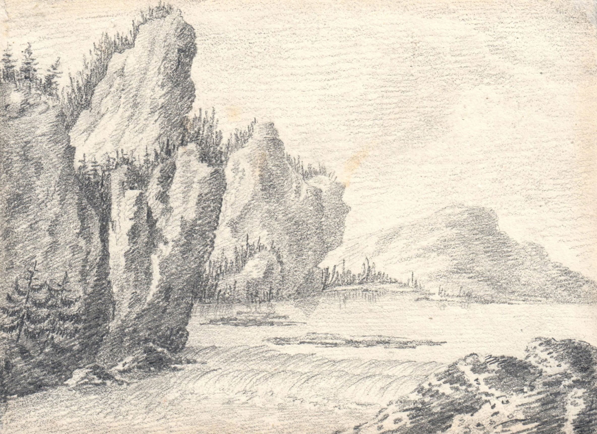 Lake Landscape with Rocks and a Cascade&nbsp;    Pencil on paper 3 1/8 x 4 1/4 inches