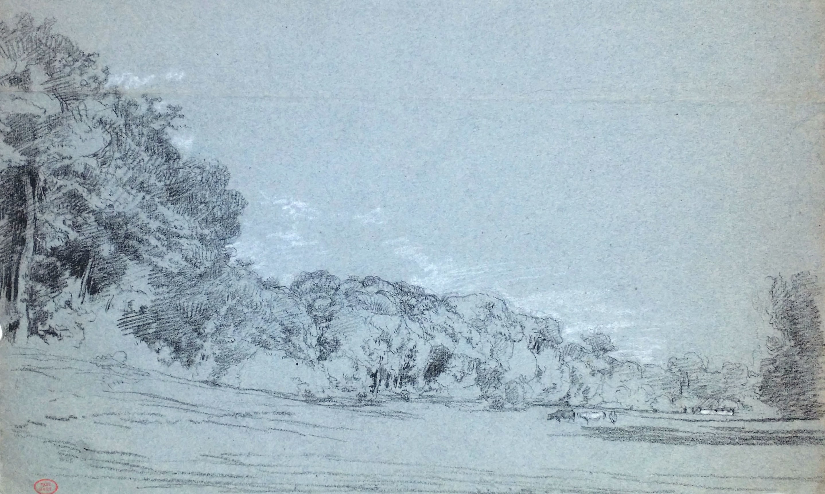 Paul Huet, Vaches en lisi&egrave;re de foret, Charcoal heightened with white chalk on blue paper 11 3/16 x 18 1/2 inches