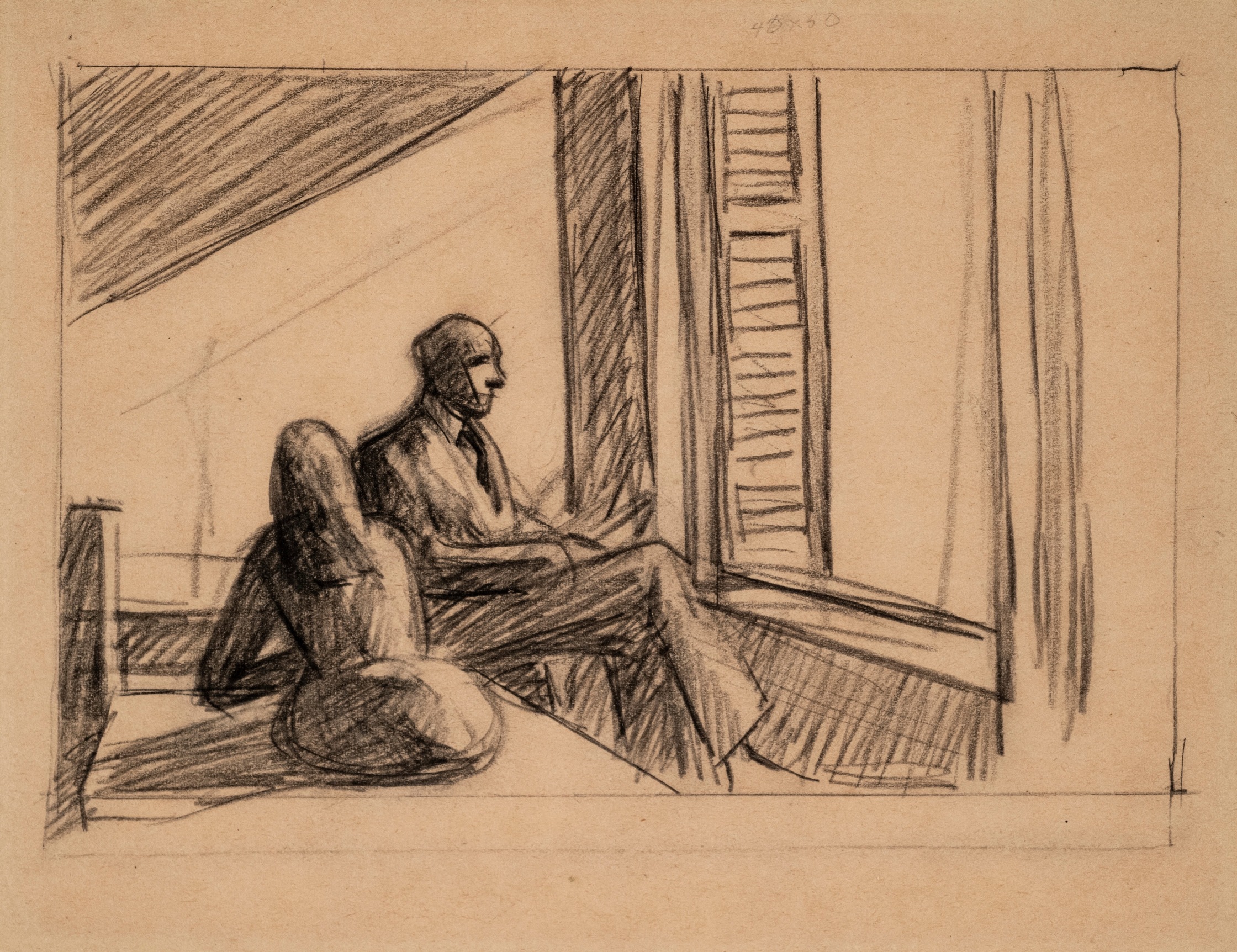 Edward Hopper Study for Excursion into Philosophy, 1959  Charcoal on paper 8 3/8 x 10 15/16 inches