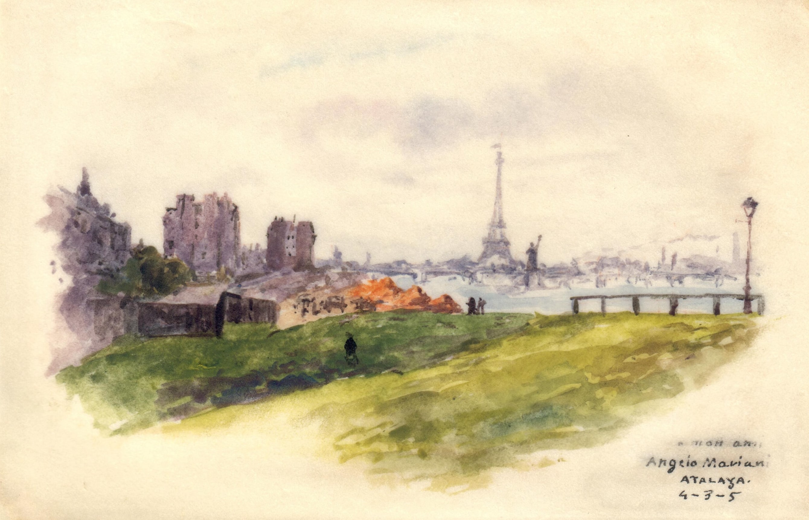 Enrique Atalaya&nbsp; The Statue of Liberty and the Eiffel Tower in the Distance, March 4, 1905&nbsp;  Watercolor on paper 3 1/2 x 5 5/16 inches