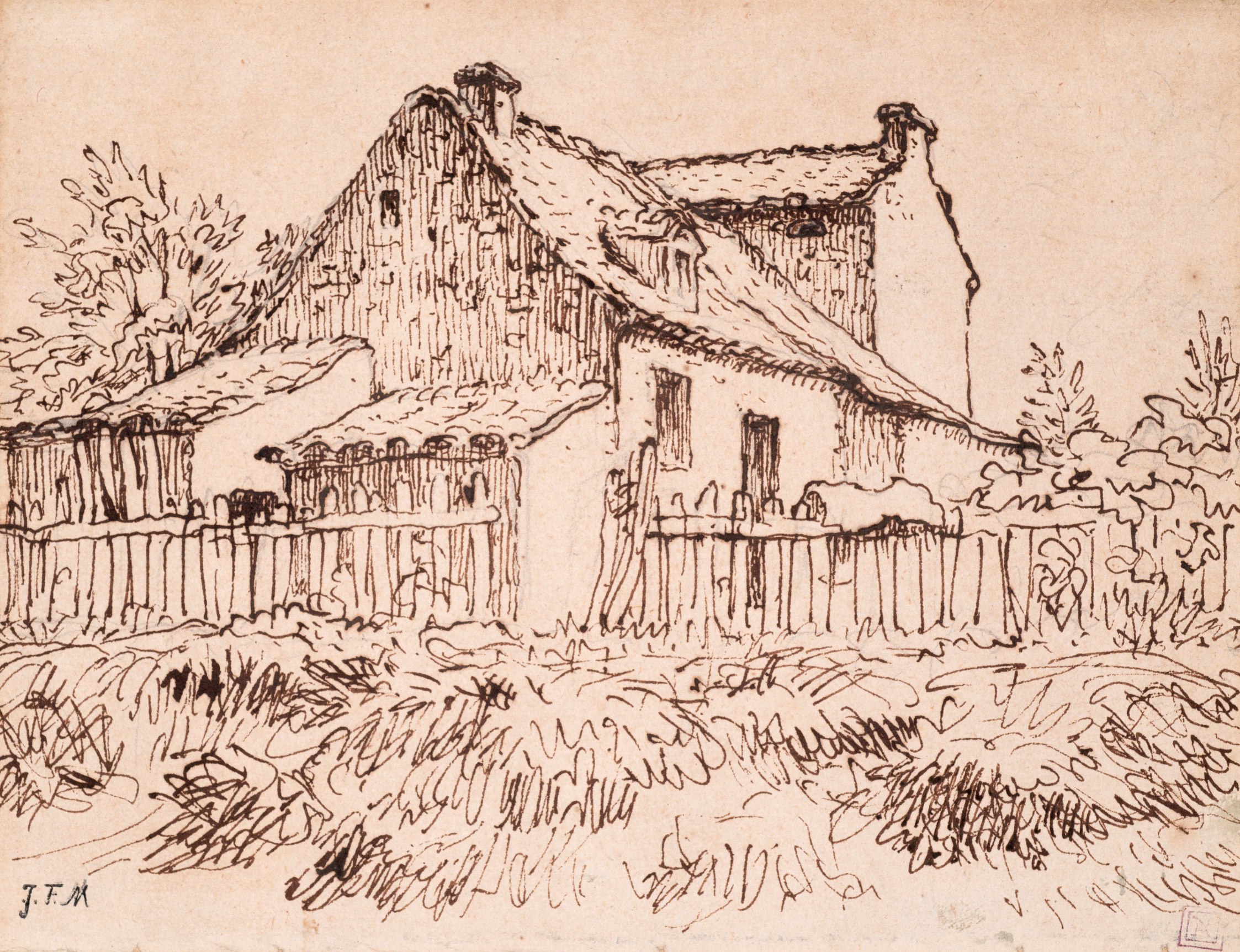 Jean-Fran&ccedil;ois Millet Cottage in Vichy (Maison à Vichy)   Pen and ink on paper with pencil  6 1/8 x 7 15/16 inches