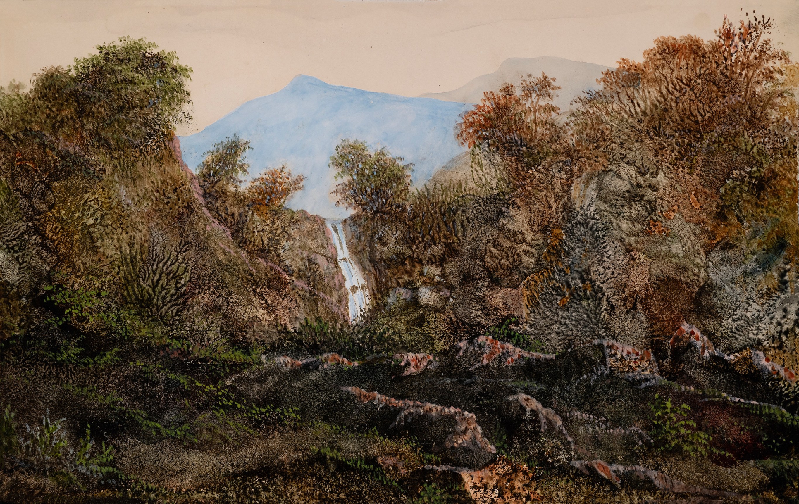 Waterfall with Distant Mountains, 1875    Dendrite, watercolor and gouache on paper  5 7/8 x 9 3/8 inches