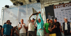 Winners of Ocean Race 2023 Legends Regatta with Charlie Kaplan sculpture