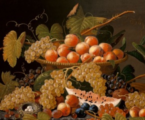 Severin Roesen (1816–c. 1872), Still Life with Fruit and a Bird’s Nest, c. 1871, oil on canvas, 30 x 40 in. (detail)