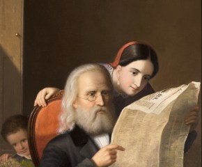 An intimate family scene executed c. 1852 by Hans Heinrich Bebie showing an elderly man reading the newspaper with his daughter and grandchildren (detail).