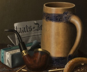 William Michael Harnett (1848–1892). Staats-Zeitung and Pretzel, 1877. Oil on canvas, 12 x 20 in. (detail)