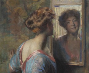 Portrait of an elegantly dressed woman gazing into a mirror by Thomas Anshutz (1851–1912). Titled A Passing Glance, c. 1907. Pastel on canvas, 42 x 30 in. (detail)