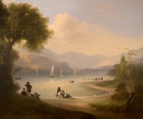 Alvan Fisher (1792–1863). River Landscape. Oil on canvas, 27 x 34 in. (detail). A peaceful river shore scene with people and horses gazing at the sailboats.
