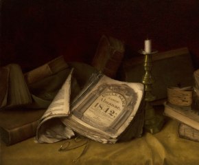 Jefferson David Chalfant (1856–1931), The Old Almanac, 1886, oil on canvas, 17 1/2 x 25 5/8 in. (detail)