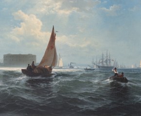 Edward Moran (1829-1901), New York Bay from the Battery, oil on canvas, 24 3/4 x 42 3/4 in. (detail)