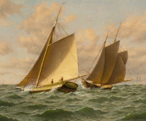 William M. Davis (1829–1920), Schooners at Sea: A Close Shave, oil on canvasboard, 12 x 14 in. (detail)