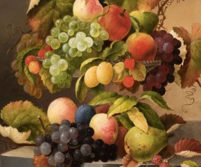 Opulent fruit still life of grapes, peaches and plums by Charles Baum (1812–1877), oil on canvas, 30 x 25 in. (detail)