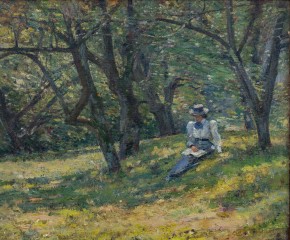 An impressionist painting by Theodore Robinson (1852–1896) that depicts a woman seated in an orchard reading a book . Oil on canvas, 18 x 22 in. (detail)