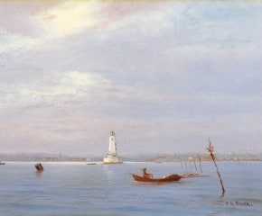 Francis Augustus Silva (1835–1886), Robbin's Reef Lighthouse off Tompkinsville, New York Harbor, c. 1880, oil on canvas, 9 x 18 in., signed lower right: F. A. Silva.