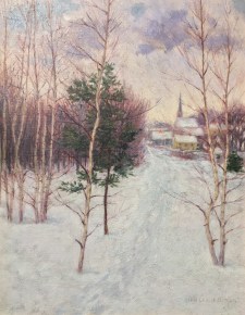 Image of "Village in Winter - Auburndale, Massachusetts" painting by John Leslie Breck. 