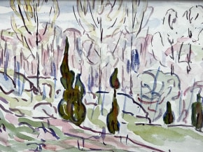 Poplars watercolor painting by Allen Tucker.