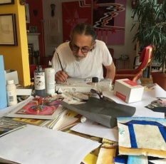 Enrique Chagoya working at home, 2020.