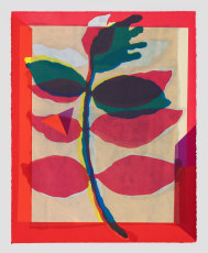 An image of a branch with 2 sets of leaves, framed by a red border. The colors are predominantly pink, green, yellow, blue, and beige.