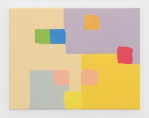 An abstract painting containing purple, grey, blue, green, red, pink, and yellow.