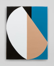 An enamel painting with abstract shapes, black, orange, blue, and white