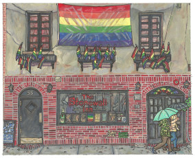 A painting of the Stonewall Inn in the rain, cartoonish