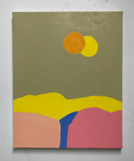 An abstract painting in yellow, orange, pink, and blue.