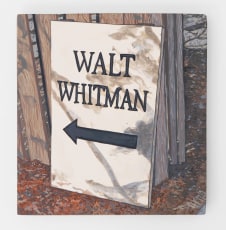 A painting of a white sign that says "Walt Whitman" with an arrow pointing left