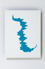 A drawing of a blue abstract shape on white aluminum