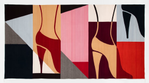 A wool tapestry of high-heeled shoes connected to legs, amid geometric shapes in black, grey, pink, red, orange, blue, beige