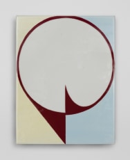 An enamel painting of a brown circle with a background that is both pale yellow and pale blue