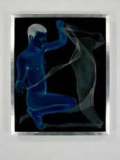 A painting of a naked man in blue with a silhouette and a transparent white sheet