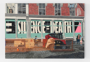 A painting of the exterior of the Leslie Lohman museum, with "silence=death" in the window