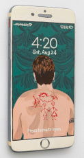 A painting of Catherine Opie's famous back photograph with a couple and house, painted as the background of a photo-realist iPhone