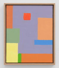 An abstract painting in predominantly orange, yellow, red, green, blue, and purple hues