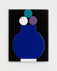 An enamel painting with a blue vessel shape and three small circles, on a black background