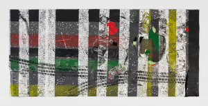 A work on paper with tire marks, yellow, red, and green hues, and mixed media